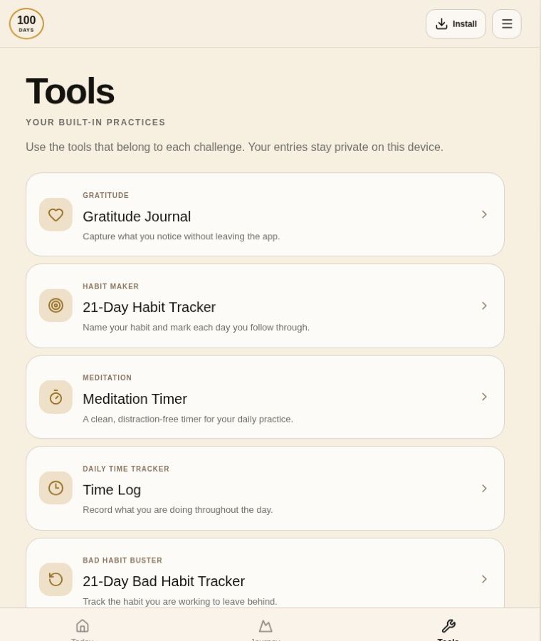 100 Days: Open the complete set of guided tools