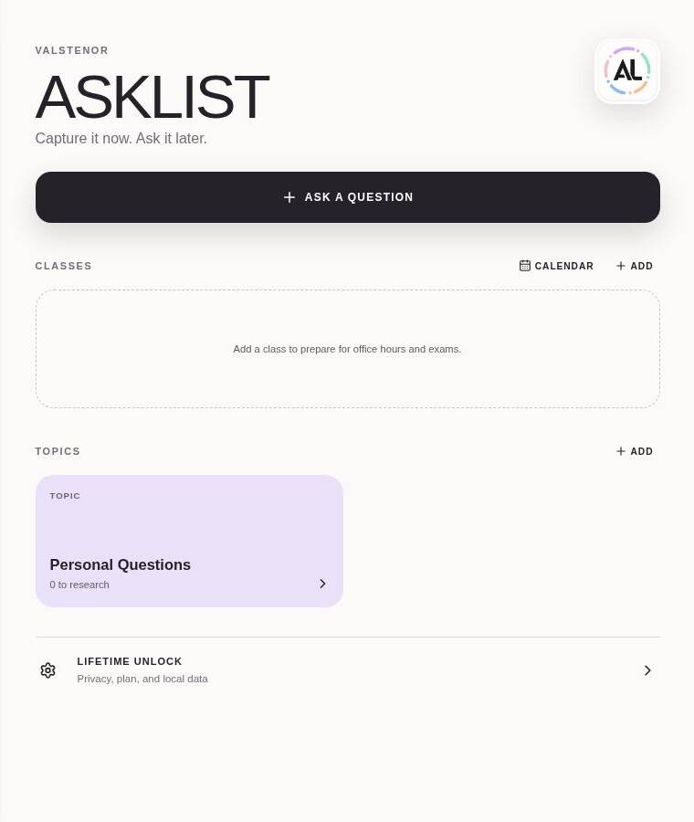 AskList: Organize questions by class or topic