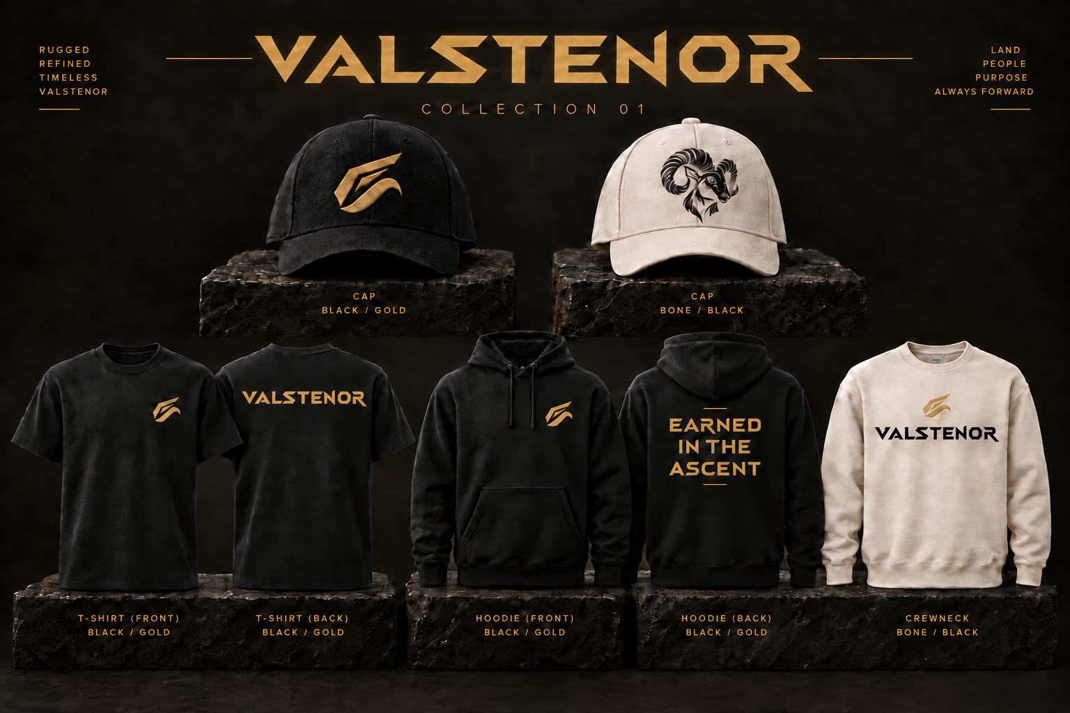 VALSTENOR Collection 01 hats, T-shirts, hoodie, and crewneck